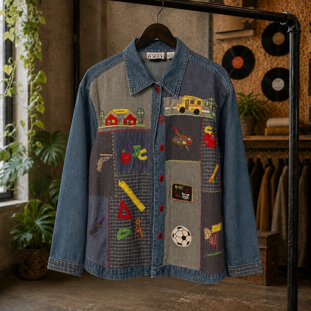 Vintage Keren Hart Patchwork Denim Jacket XXL Teacher School Embroidered 90s